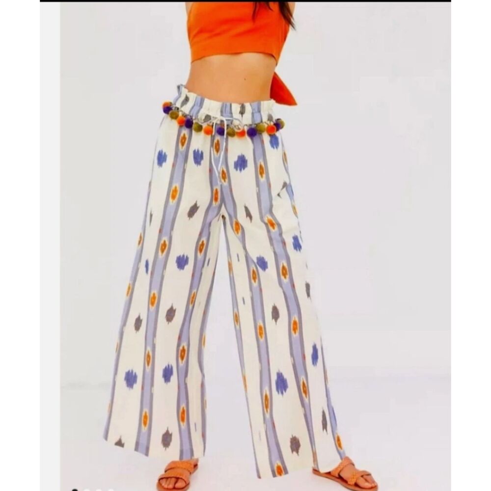 NWT Anthropologie Ollari Pom Pom Wide Leg Pants Cotton Linen Ikat Boho Vacation